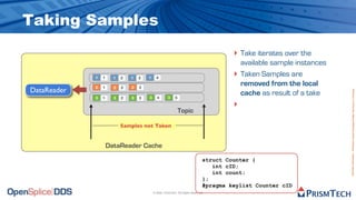 Taking Samples
                                                                                         ‣ Take iterates over the
                                                                                             available sample instances
             1   1     1   2   1   3   1     4
                                                                                         ‣   Taken Samples are
             2   1     2   2   2   3
                                                                                             removed from the local
DataReader




                                                                                                                          Proprietary Information - Distribution without Expressed Written Permission is Prohibited.
                                       3      4       3    5
                                                                                             cache as result of a take
             3   1     3   2   3   3
                                                                                         ‣
                                                               Topic

                           Samples not Taken


                     DataReader Cache
                                                                                struct Counter {
                                                                                   int cID;
                                                                                   int count;
                                                                                };
                                                                                #pragma keylist Counter cID
                                           © 2009, PrismTech. All Rights Reserved
 