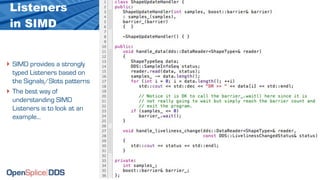 Listeners
 in SIMD


‣ SIMD provides a strongly
    typed Listeners based on
    the Signals/Slots patterns




                                                                          Proprietary Information - Distribution without Expressed Written Permission is Prohibited.
‣   The best way of
    understanding SIMD
    Listeners is to look at an
    example...




                                 © 2009, PrismTech. All Rights Reserved
 