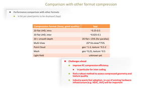 Comparison with other format compression
 Performance comparison with other formats
 in bit per pixel/points to be displayed (bpp)
Compression format (lossy, good quality) bpp
2D flat UHD, intra ~0.25-0.5
2D flat UHD, inter ~0.025-0.1
2D + smooth depth 2D flat + 25% (for parallax)
Multi-View 2D*nb views*75%
Point Cloud geo ~1-3, texture ~0.5-2
Mesh geo ~0.25, texture ~0.5
Light-field unknown yet
 Challenges ahead
 improve PC compression efficiency
 in particular for inter coding
 find a robust method to assess compressed geometry and
texture quality
 Industry wants fast adoption, re-use of existing hardware
infrastructure (e.g. HEVC, AVC) will be important
 