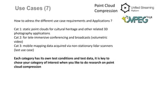 Use Cases (7)
Point Cloud
Compression
How to adress the different use case requirements and Applications ?
Cat 1: static point clouds for cultural heritage and other related 3D
photography applications
Cat 2: for tele-immersive conferencing and broadcasts (volumetric
video)
Cat 3: mobile mapping data acquired via non-stationary lidar scanners
(last use case)
Each category has its own test conditions and test data, it is key to
chose your category of interest when you like to do research on point
cloud compression
 