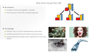 Why Point Cloud? (for VR)
 No occlusions
 all angle of views are acceptable => parallax
 free-view point (=6 DoF VR) is natively supported
 Fine topology
 volumes, hairs, fur can be represented by a point cloud
 naturally captured by sensors without heavy processing
 usually deduced from depth and/or disparity from multi-view
capture
 
