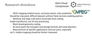 Research directions
Point Cloud
Compression
- HEVC mapping related issues: occlusion points, inter prediction
Should be improved, difficult datasets without fixed normals enabling patches
- Attribute and large scale point cloud data (tree coding,
Graph transforms), out of core processing
- Mesh based geometry coding
- At some point the transport and storage formats will need attention
- Requirements of specific applications and use cases, especially
cat 3. mobile mapping should be further improved.
 