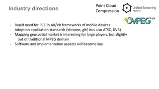 Industry directions
Point Cloud
Compression
- Rapid need for PCC in AR/VR frameworks of mobile devices
- Adoption application standards (khronos, gltf, but also ATSC, DVB)
- Mapping geospatial market is interesting for large players, but slightly
out of traditional MPEG domain
- Software and implementation aspects will become key
 