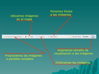 Ponemos títulos  a las imágenes Proyectamos las imágenes a pantalla completa Ubicamos imágenes en el mapa Asignamos tamaño...