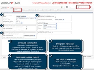 Tutorial PictureMail //  Configurações Pessoais: Preferências INTERFACE COM USUÁRIO > Opção para mudança de Idioma; > Adequação de Fuso Horário e Horário de Verão; > Definição de quantidade de mensagens por página; > Mudança de aparência (Tema) Cores. EXIBIÇÃO DE CAIXA DE CORREIO > Pré visualização direta na Nova Mensagem; > Opção de Pré-Visualização das mensagens na  mesma tela da Lista de mensagem; > Opção para verificação de novas mensagens  a cada  1 min. 3 min. ou 5 min. EXIBIÇÃO DE MENSAGENS > Opção de exibição de mensagem em HTML; > Não oculta imagens de endereços conhecidos; > Pré-visualizacão do anexo. COMPOSIÇÃO DE MENSAGENS > Opção para criação de mensagens em formato HTML; > Opção para Salvar Rascunho a cada 5 min. 1 2 1 2 3 4 3 4 