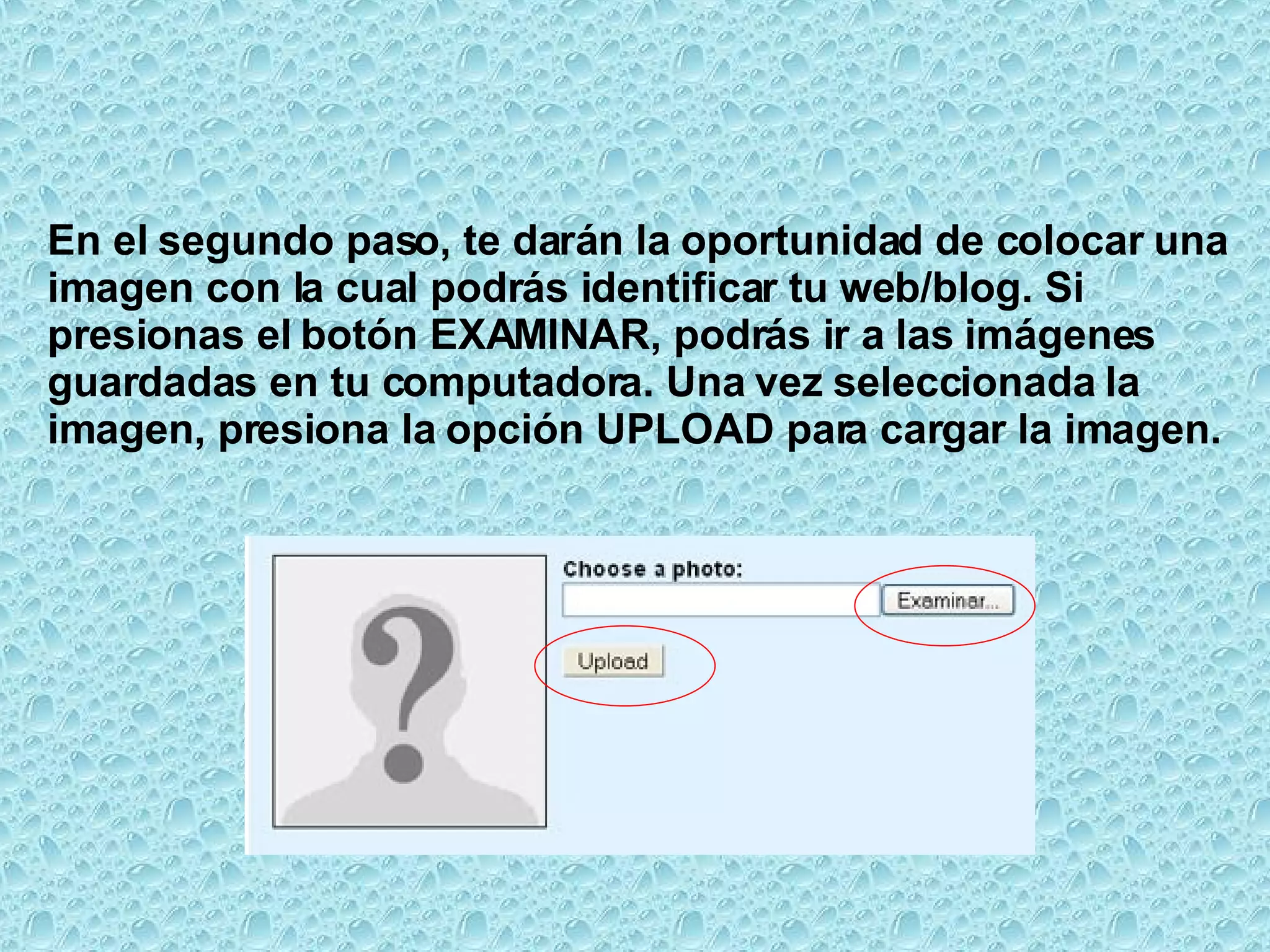 En el segundo paso, te darán la oportunidad de colocar una imagen con la cual podrás identificar tu web/blog. Si presionas el botón EXAMINAR, podrás ir a las imágenes guardadas en tu computadora. Una vez seleccionada la imagen, presiona la opción UPLOAD para cargar la imagen.   