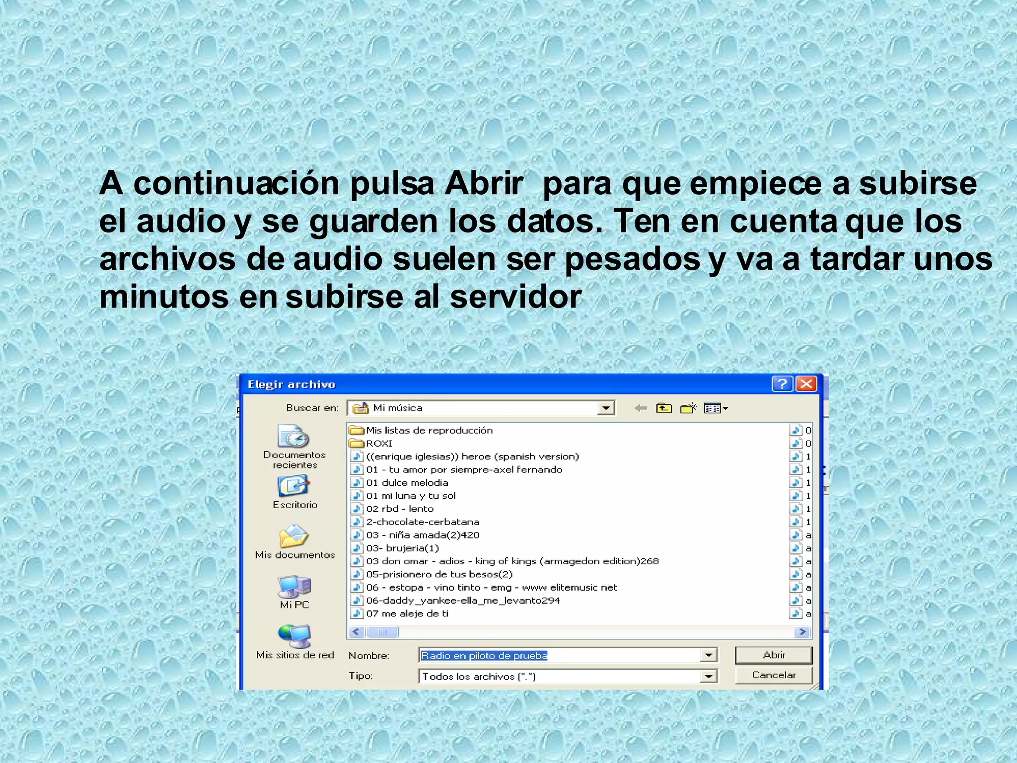 A continuación pulsa Abrir  para que empiece a subirse el audio y se guarden los datos. Ten en cuenta que los archivos de audio suelen ser pesados y va a tardar unos minutos en subirse al servidor 