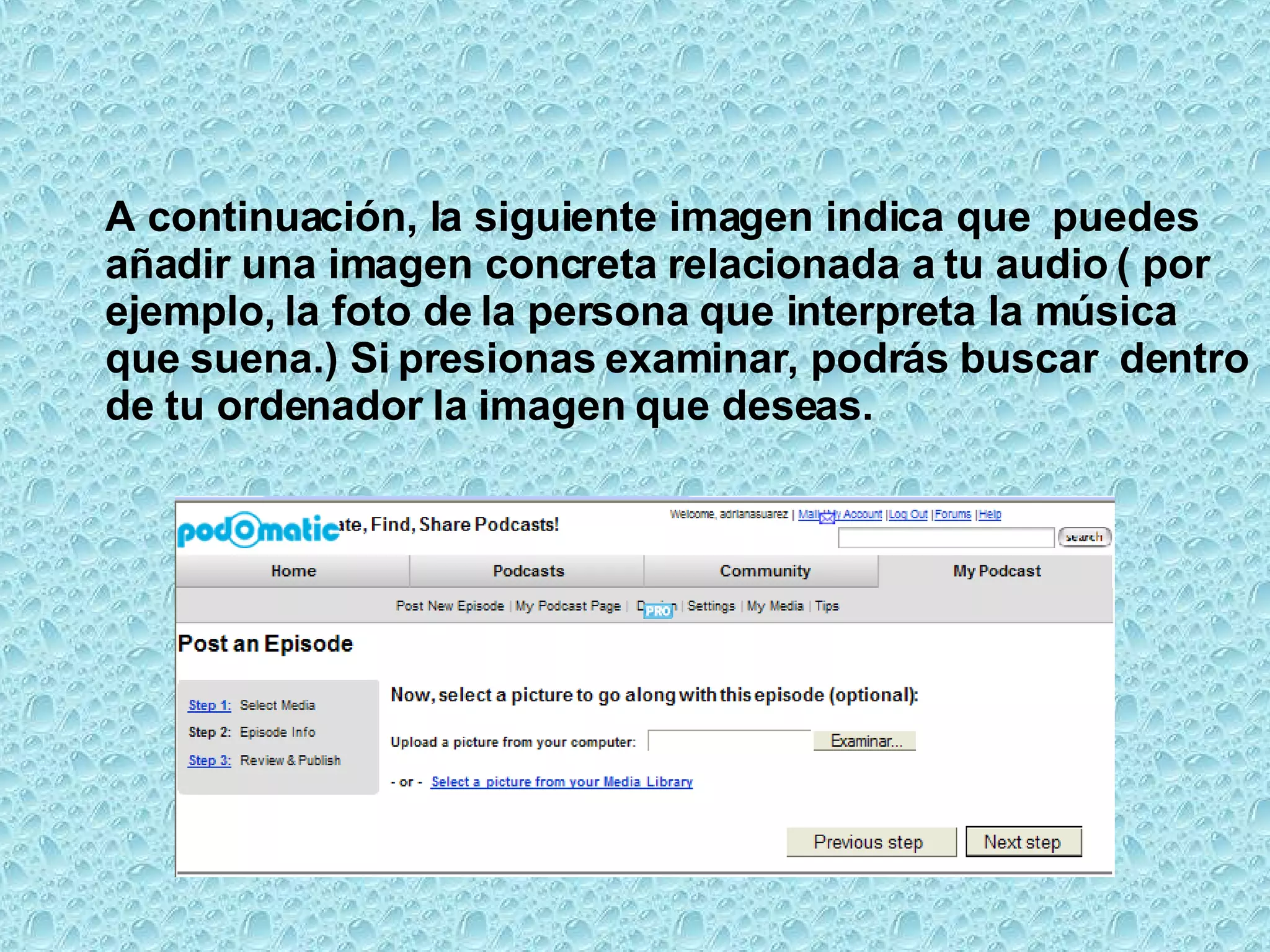 A continuación, la siguiente imagen indica que  puedes añadir una imagen concreta relacionada a tu audio ( por ejemplo, la foto de la persona que interpreta la música que suena.) Si presionas examinar, podrás buscar  dentro de tu ordenador la imagen que deseas.  