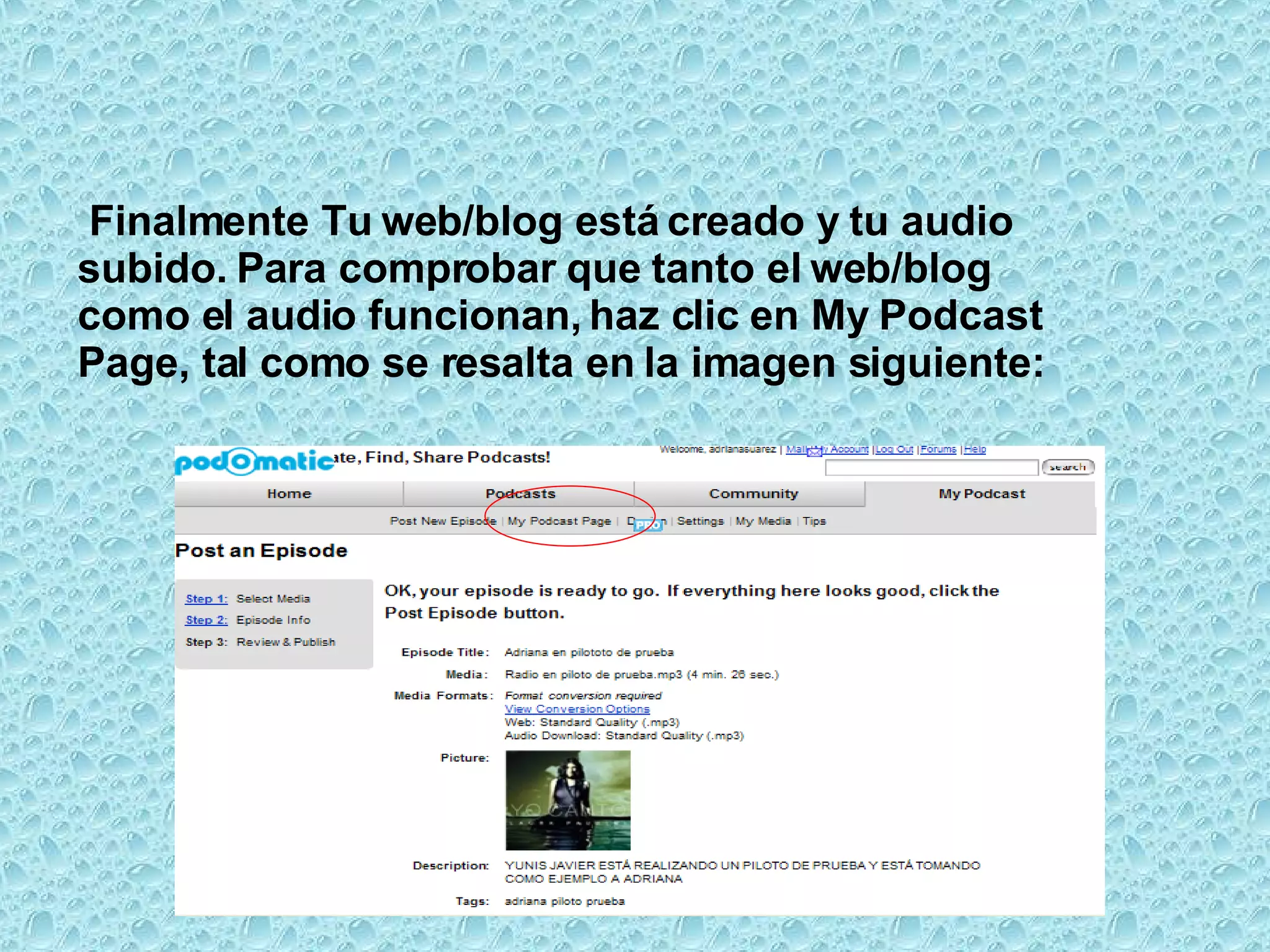 Finalmente Tu web/blog está creado y tu audio subido. Para comprobar que tanto el web/blog como el audio funcionan, haz clic en My Podcast Page, tal como se resalta en la imagen siguiente:  