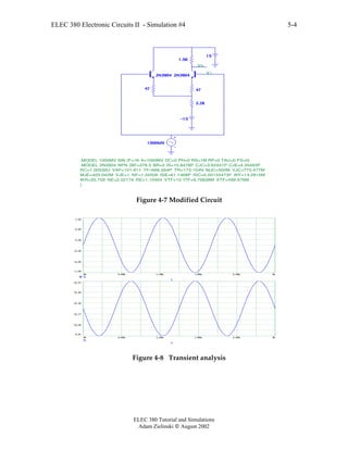 ELEC 380 Electronic Circuits II - Simulation #4
ELEC 380 Tutorial and Simulations
Adam Zielinski  August 2002
5-4
1.5K
1000MV
15
47 47
2N3904 2N3904
2.2K
-15
.MODEL 2N3904 NPN (BF=378.5 BR=2 IS=15.8478P CJC=3.62441P CJE=4.35493P
RC=1.00539U VAF=101.811 TF=666.564P TR=173.154N MJC=300M VJC=770.477M
MJE=403.042M VJE=1 NF=1.34506 ISE=61.1468P ISC=0.00155473F IKF=14.2815M
IKR=35.709 NE=2.02174 RE=1.10494 VTF=10 ITF=9.79838M XTF=499.979M
)
.MODEL 1000MV SIN (F=1K A=1000MV DC=0 PH=0 RS=1M RP=0 TAU=0 FS=0)
V i
Vo
Figure 4-7 Modified Circuit
0m 0.60m 1.20m 1.80m 2.40m 3m
-1.00
-0.60
-0.20
0.20
0.60
1.00
Vi
T
0m 0.60m 1.20m 1.80m 2.40m 3m
9.91
10.04
10.17
10.30
10.44
10.57
Vo
T
Figure 4-8 Transient analysis
 