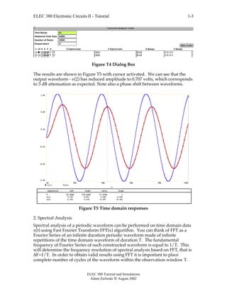 ELEC 380 Electronic Circuits II - Tutorial
ELEC 380 Tutorial and Simulations
Adam Zielinski  August 2002
1-3
Figure T4 Dialog Box
The results are shown in Figure T5 with cursor activated. We can see that the
output waveform - v(2) has reduced amplitude to 0.707 volts, which corresponds
to 3 dB attenuation as expected. Note also a phase shift between waveforms.
Figure T5 Time domain responses
2. Spectral Analysis
Spectral analysis of a periodic waveform can be performed on time domain data
x(t) using Fast Fourier Transform FFT(x) algorithm. You can think of FFT as a
Fourier Series of an infinite duration periodic waveform made of infinite
repetitions of the time domain waveform of duration T. The fundamental
frequency of Fourier Series of such constructed waveform is equal to 1/T. This
will determine the frequency resolution of spectral analysis based on FFT, that is
∆F=1/T. In order to obtain valid results using FFT it is important to place
complete number of cycles of the waveform within the observation window T.
0m 20m 40m 60m 80m 100m
-1.00
-0.60
-0.20
0.20
0.60
1.00
v(1)
T
v(2)
Expression Left Right Delta Slope
v(1) 0.705 0.951 0.246 4.318
T 42.984m 100.000m 57.016m 1
v(2) 0.705 0.318 -0.387 -6.783
 