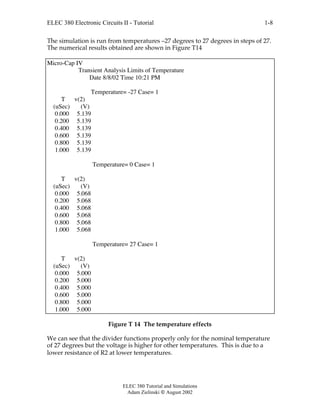 ELEC 380 Electronic Circuits II - Tutorial
ELEC 380 Tutorial and Simulations
Adam Zielinski  August 2002
1-8
The simulation is run from temperatures –27 degrees to 27 degrees in steps of 27.
The numerical results obtained are shown in Figure T14
Micro-Cap IV
Transient Analysis Limits of Temperature
Date 8/8/02 Time 10:21 PM
Temperature= -27 Case= 1
T v(2)
(uSec) (V)
0.000 5.139
0.200 5.139
0.400 5.139
0.600 5.139
0.800 5.139
1.000 5.139
Temperature= 0 Case= 1
T v(2)
(uSec) (V)
0.000 5.068
0.200 5.068
0.400 5.068
0.600 5.068
0.800 5.068
1.000 5.068
Temperature= 27 Case= 1
T v(2)
(uSec) (V)
0.000 5.000
0.200 5.000
0.400 5.000
0.600 5.000
0.800 5.000
1.000 5.000
Figure T 14 The temperature effects
We can see that the divider functions properly only for the nominal temperature
of 27 degrees but the voltage is higher for other temperatures. This is due to a
lower resistance of R2 at lower temperatures.
 