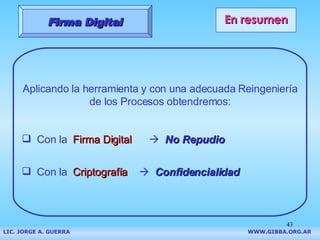 En resumen Aplicando la herramienta y con una adecuada Reingeniería de los Procesos obtendremos: Con la  Firma Digital      No Repudio Con la  Criptografía      Confidencialidad Firma Digital LIC. JORGE A. GUERRA     WWW.GIBBA.ORG.AR 