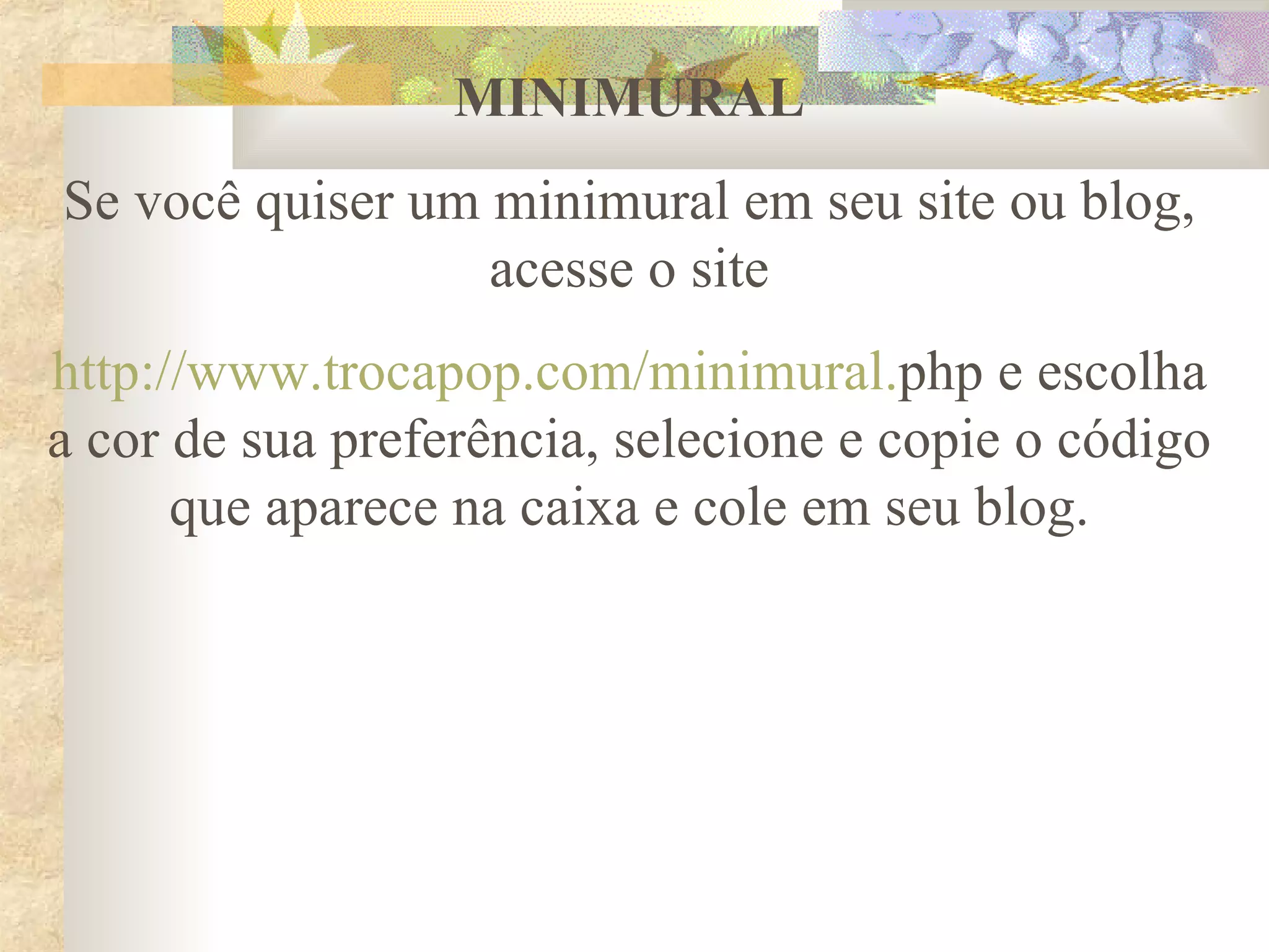 MINIMURAL Se você quiser um minimural em seu site ou blog, acesse o site http ://www.trocapop.com/minimural. php  e escolha a cor de sua preferência, selecione e copie o código que aparece na caixa e cole em seu blog. 