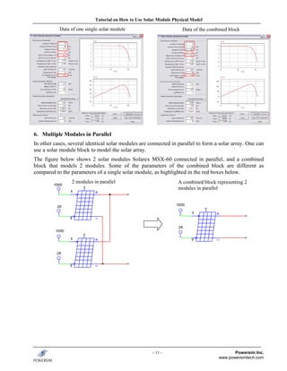 Tutorial on How to Use Solar Module Physical Model

           Data of one single solar module                          Data of the combined block




6. Multiple Modules in Parallel
In other cases, several identical solar modules are connected in parallel to form a solar array. One can
use a solar module block to model the solar array.
The figure below shows 2 solar modules Solarex MSX-60 connected in parallel, and a combined
block that models 2 modules. Some of the parameters of the combined block are different as
compared to the parameters of a single solar module, as highlighted in the red boxes below.
                 2 modules in parallel                            A combined block representing 2
                                                                  modules in parallel




                                                      - 11 -                               Powersim Inc.
                                                                                    www.powersimtech.com
 