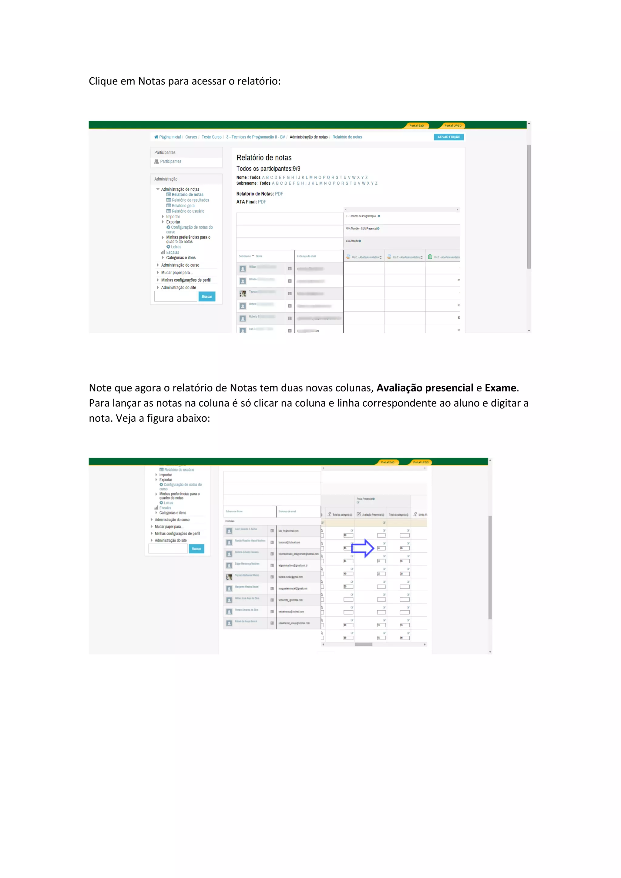 Clique em Notas para acessar o relatório:
Note que agora o relatório de Notas tem duas novas colunas, Avaliação presencial e Exame.
Para lançar as notas na coluna é só clicar na coluna e linha correspondente ao aluno e digitar a
nota. Veja a figura abaixo:
 