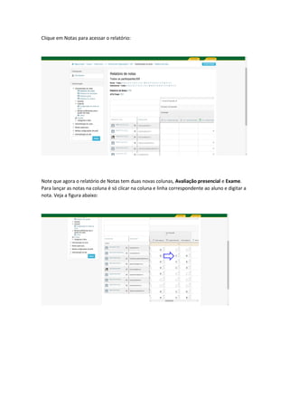 Clique em Notas para acessar o relatório:
Note que agora o relatório de Notas tem duas novas colunas, Avaliação presencial e Exame.
Para lançar as notas na coluna é só clicar na coluna e linha correspondente ao aluno e digitar a
nota. Veja a figura abaixo:
 