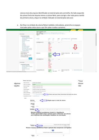 coluna envio de arquivo identificado no tutorial pela seta vermelha. Do lado esquerdo
da coluna Envio de Arquivo temos a coluna Nota, para corrigir e dar nota para a tarefa
do primeiro aluno, clique no símbolo indicado no tutorial pela seta azul.
e. Ao Clicar no símbolo da coluna Nota é exibido a tela abaixo, preencha os espaços
marcados pelas setas azuis e por fim salve e exiba o próximo.
*Caso
algumas dessas
opções não
 