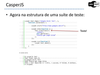 • Agora na estrutura de uma suíte de teste:
CasperJS
Teste!
 