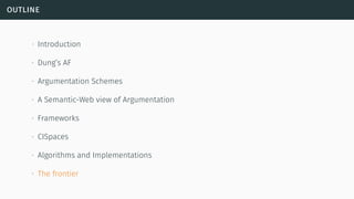 outline
∙ Introduction
∙ Dung’s AF
∙ Argumentation Schemes
∙ A Semantic-Web view of Argumentation
∙ Frameworks
∙ CISpaces
∙ Algorithms and Implementations
∙ The frontier
 