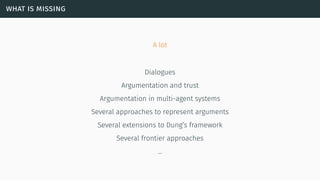 what is missing
A lot
Dialogues
Argumentation and trust
Argumentation in multi-agent systems
Several approaches to represent arguments
Several extensions to Dung’s framework
Several frontier approaches
…
 
