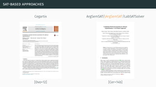 sat-based approaches
Cegartix
[Dvo+12]
ArgSemSAT/jArgSemSAT/LabSATSolver
[Cer+14b]
 