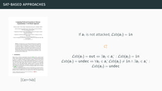 sat-based approaches
[Cer+14b]
If a1 is not attacked, Lab(a1) = in
Cb
1
Lab(a1) = out ⇔ ∃a2 ∈ a−
1 : Lab(a2) = in
Lab(a1) = undec ⇔ ∀a2 ∈ a−
1 Lab(a2) ̸= in ∧ ∃a3 ∈ a−
1 :
Lab(a3) = undec
 