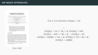 sat-based approaches
[Cer+14b]
If a1 is not attacked, Lab(a1) = in
C2
Lab(a1) = in ⇒ ∀a2 ∈ a−
1 Lab(a2) = out
Lab(a1) = out ⇒ ∃a2 ∈ a−
1 : Lab(a2) = in
Lab(a1) = undec ⇒ ∀a2 ∈ a−
1 Lab(a2) ̸= in ∧ ∃a3 ∈ a−
1 :
Lab(a3) = undec
 