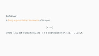 Deﬁnition 1
A Dung argumentation framework AF is a pair
⟨A, → ⟩
where A is a set of arguments, and → is a binary relation on A i.e. →⊆ A × A.
 
