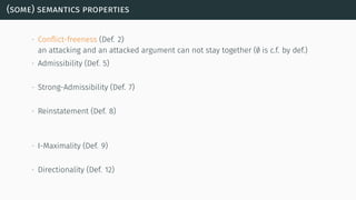 (some) semantics properties
∙ Conﬂict-freeness (Def. 2)
an attacking and an attacked argument can not stay together (∅ is c.f. by def.)
∙ Admissibility (Def. 5)
∙ Strong-Admissibility (Def. 7)
∙ Reinstatement (Def. 8)
∙ I-Maximality (Def. 9)
∙ Directionality (Def. 12)
 