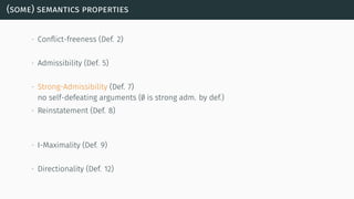 (some) semantics properties
∙ Conﬂict-freeness (Def. 2)
∙ Admissibility (Def. 5)
∙ Strong-Admissibility (Def. 7)
no self-defeating arguments (∅ is strong adm. by def.)
∙ Reinstatement (Def. 8)
∙ I-Maximality (Def. 9)
∙ Directionality (Def. 12)
 