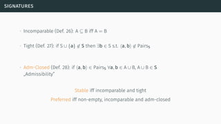 signatures
∙ Incomparable (Def. 26): A ⊆ B iff A = B
∙ Tight (Def. 27): if S ∪ {a} ̸∈ S then ∃b ∈ S s.t. ⟨a, b⟩ ̸∈ PairsS
∙ Adm-Closed (Def. 28): if ⟨a, b⟩ ∈ PairsS ∀a, b ∈ A ∪ B, A ∪ B ∈ S
„Admissibility”
Stable iff incomparable and tight
Preferred iff non-empty, incomparable and adm-closed
 
