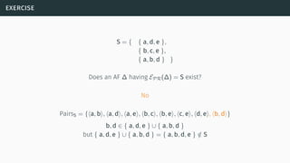 exercise
S = { { a, d, e },
{ b, c, e },
{ a, b, d } }
Does an AF ∆ having EPR(∆) = S exist?
No
PairsS = {⟨a, b⟩, ⟨a, d⟩, ⟨a, e⟩, ⟨b, c⟩, ⟨b, e⟩, ⟨c, e⟩, ⟨d, e⟩, ⟨b, d⟩}
b, d ∈ { a, d, e } ∪ { a, b, d }
but { a, d, e } ∪ { a, b, d } = { a, b, d, e } /∈ S
 