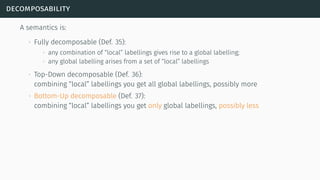 decomposability
A semantics is:
∙ Fully decomposable (Def. 35):
∙ any combination of “local” labellings gives rise to a global labelling;
∙ any global labelling arises from a set of “local” labellings
∙ Top-Down decomposable (Def. 36):
combining “local” labellings you get all global labellings, possibly more
∙ Bottom-Up decomposable (Def. 37):
combining “local” labellings you get only global labellings, possibly less
 