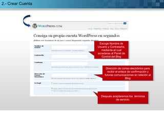 2.- Crear Cuenta
Escoge Nombre de
Usuario y Contraseña,
mediante el cual
accederas al Panel de
Control del Blog
Escoge Nombre de
Usuario y Contraseña,
mediante el cual
accederas al Panel de
Control del Blog
Dirección de correo electrónico para
recibir el enlace de confirmación y
futuras comunicaciones en relación al
Blog
Dirección de correo electrónico para
recibir el enlace de confirmación y
futuras comunicaciones en relación al
Blog
Después aceptaremos los términos
de servicio.
Después aceptaremos los términos
de servicio.
 