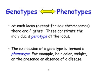 5
Genotypes Phenotypes
• At each locus (except for sex chromosomes)
there are 2 genes. These constitute the
individual’s genotype at the locus.
• The expression of a genotype is termed a
phenotype. For example, hair color, weight,
or the presence or absence of a disease.
 