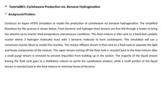  Tutorial#01: Cyclohexane Production via. Benzene Hydrogenation
 Background/Problem
Construct an Aspen HYSYS simulation to model the production of cyclohexane via benzene hydrogenation. The simplified
flowsheet for this process is shown below. Fresh benzene and hydrogen feed streams are first fed through a heater to bring
the streams up to reactor feed temperature and pressure conditions. This feed mixture is then sent to a fixed-bed catalytic
reactor where 3 hydrogen molecules react with 1 benzene molecule to form cyclohexane. This simulation will use a
conversion reactor block to model this reaction. The reactor effluent stream is then sent to a flash tank to separate the light
and heavy components of the mixture. The vapor stream coming off the flash tank is recycled back to the feed mixture after
a small purge stream is removed to prevent impurities from building up in the system. The majority of the liquid stream
leaving the flash tank goes to a distillation column to purify the cyclohexane product, while a small portion of the liquid
stream is recycled back to the feed mixture to minimize losses of benzene.
 