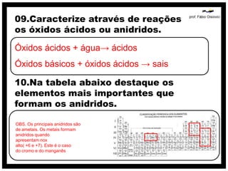 09.Caracterize através de reações
os óxidos ácidos ou anidridos.

Óxidos ácidos + água→ ácidos
Óxidos básicos + óxidos ácidos → sais

10.Na tabela abaixo destaque os
elementos mais importantes que
formam os anidridos.

OBS. Os principais anidridos são
de ametais. Os metais formam
anidridos quando
apresentam nox
alto( +6 e +7). Este é o caso
do cromo e do manganês
 