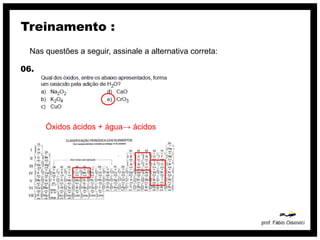 Treinamento :
  Nas questões a seguir, assinale a alternativa correta:

06.




      Óxidos ácidos + água→ ácidos
 