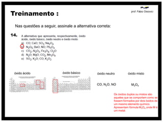 Treinamento :
  Nas questões a seguir, assinale a alternativa correta:

14.




 óxido ácido                óxido básico        óxido neutro          óxido misto


                                                CO, N2O, NO             M3O4

                                                           Os óxidos duplos ou mistos são
                                                           aqueles que se comportam como se
                                                           fossem formados por dois óxidos de
                                                           um mesmo elemento químico.
                                                           Apresentam fórmula M3O4 onde M é
                                                           um metal.
 