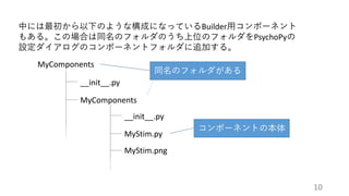 中には最初から以下のような構成になっているBuilder用コンポーネント
もある。この場合は同名のフォルダのうち上位のフォルダをPsychoPyの
設定ダイアログのコンポーネントフォルダに追加する。
MyComponents
__init__.py
MyComponents
__init__.py
MyStim.py
MyStim.png
同名のフォルダがある
コンポーネントの本体
10
 