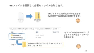 28
whlファイルを展開して必要なファイルを取り出す。
whlファイルはZip形式なので拡張子を
Zipに変更すれば普通に展開できます。
Zipファイル内のpurelibという
フォルダの内容がパッケージ
の本体です。
PsychoPyの設定の「パス」や.pthファイルで
指定したフォルダコピー
 