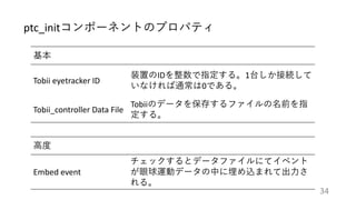 基本
Tobii eyetracker ID
装置のIDを整数で指定する。1台しか接続して
いなければ通常は0である。
Tobii_controller Data File
Tobiiのデータを保存するファイルの名前を指
定する。
高度
Embed event
チェックするとデータファイルにてイベント
が眼球運動データの中に埋め込まれて出力さ
れる。
ptc_initコンポーネントのプロパティ
34
 