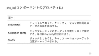 基本
Show status
チェックしておくと、キャリブレーション開始前にス
テータス画面を表示する。
Calibration points
キャリブレーションのターゲット位置をリストで指定
する。単位はPsychoPyの設定に従う。
Shuffle
チェックしておくと、キャリブレーションターゲット
位置がシャッフルされる。
ptc_calコンポーネントのプロパティ(1)
35
 