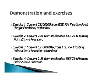 C Exercise1:ConvertC2200000from IEEE754Floating Point
(Single Precision) todecimal
C Exercise2:Convert2.25from Decimal to IEEE754Floating
Point (SinglePrecision)
C Exercise3:ConvertC210000016from IEEE754Floating
Point (Single Precision) todecimal
C Exercise4:Convert2.25from Decimal to IEEE754Floating
Point (SinglePrecision)
 