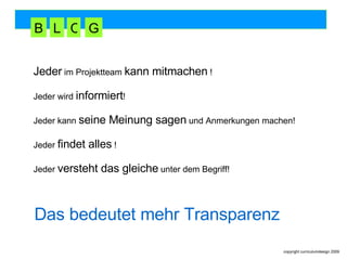 Jeder  im Projektteam  kann mitmachen  ! Jeder wird  informiert ! Jeder kann  seine Meinung sagen  und Anmerkungen machen! Jeder  findet alles  ! Jeder  versteht das gleiche  unter dem Begriff! Das bedeutet mehr Transparenz  B L O G 