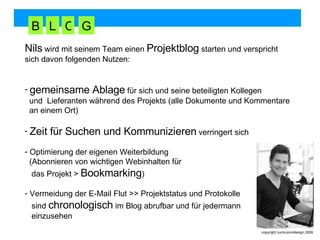 Nils  wird mit seinem Team einen  Projektblog  starten und verspricht  sich davon folgenden Nutzen: gemeinsame Ablage  für sich und seine beteiligten Kollegen    und  Lieferanten während des Projekts (alle Dokumente und Kommentare an einem Ort) Zeit für Suchen und Kommunizieren  verringert sich Optimierung der eigenen Weiterbildung    (Abonnieren von wichtigen Webinhalten für    das Projekt >  Bookmarking ) Vermeidung der E-Mail Flut >> Projektstatus und Protokolle    sind  chronologisch  im Blog abrufbar und für jedermann einzusehen  B L O G 