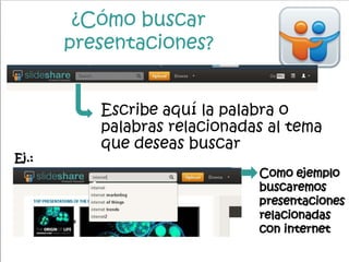 ¿Cómo buscar
presentaciones?
Escribe aquí la palabra o
palabras relacionadas al tema
que deseas buscar
Ej.:
Como ejemplo
buscaremos
presentaciones
relacionadas
con internet
 