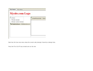 Note how the tree-view menu shows the current web.sitemap's hierarchy at design-time.
Press the F5 or Ctrl-F5 key to build and run the site:
 