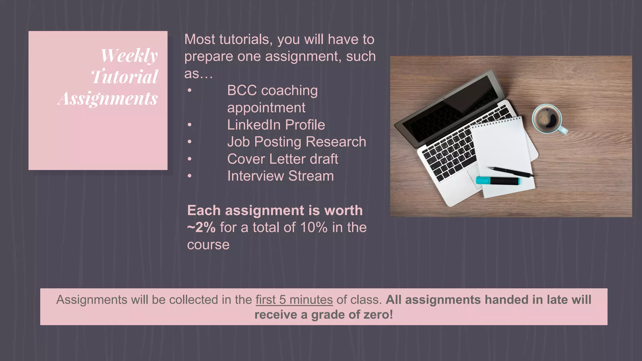 Weekly
Tutorial
Assignments
Most tutorials, you will have to
prepare one assignment, such
as…
• BCC coaching
appointment
• LinkedIn Profile
• Job Posting Research
• Cover Letter draft
• Interview Stream
Each assignment is worth
~2% for a total of 10% in the
course
Assignments will be collected in the first 5 minutes of class. All assignments handed in late will
receive a grade of zero!
 